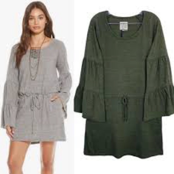 Chaser Khaki Green Mini Drawstring Dress with Ruffle sleeve detail size M - Picture 1 of 7